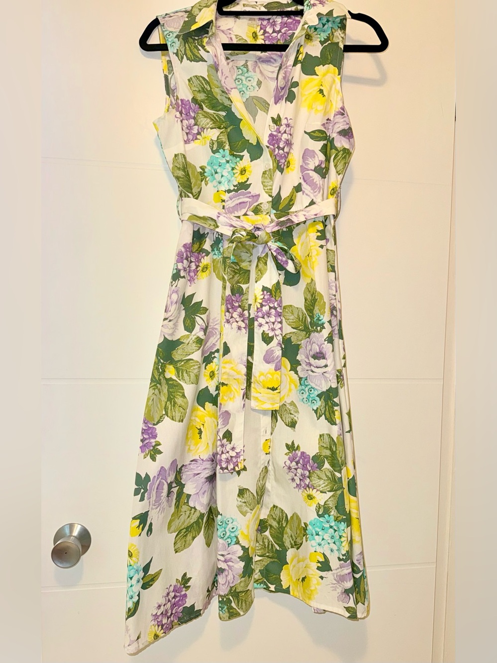 Calvin Klein Yellow & Purple Floral Shirtwaist Dress with Tie Belt - Picture 2 of 11